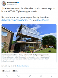 Announcement Families able to add two storeys to home WITHOUT planning permission | Robert Jenrick on Twitter